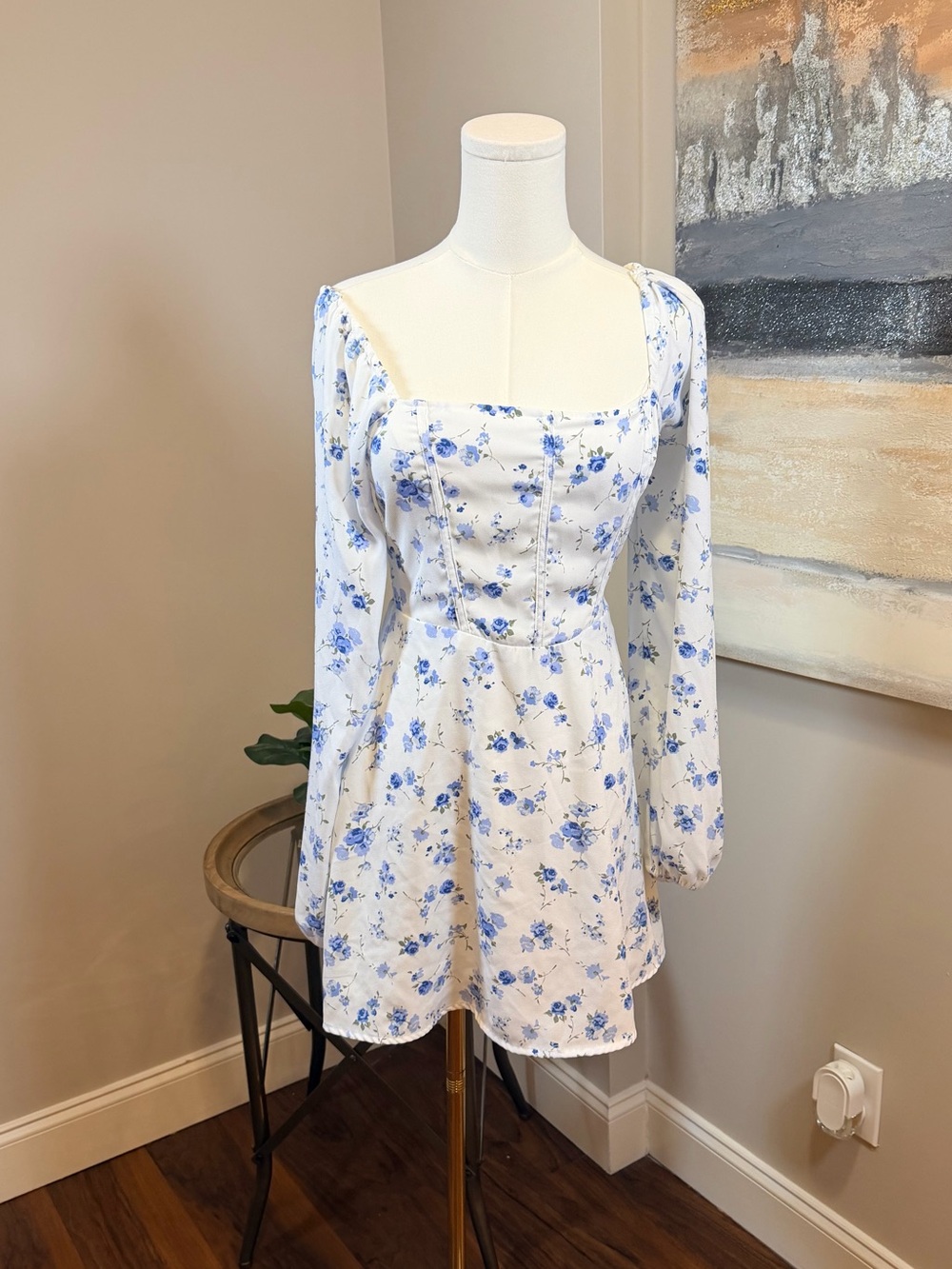 Hollister White Mini Dress with Blue Floral Print